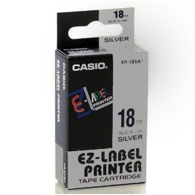 Casio XR-18SR1, 18mm x 8m, fekete nyomtatás / ezüst alapon, eredeti szalag