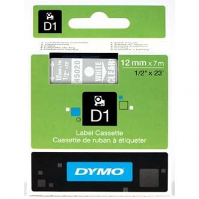 Dymo D1 45020, S0720600, 12mm x 7m, fehér nyomtatás / átlátszó alapon, eredeti szalag