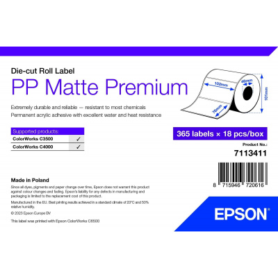 Epson 7113411 PP Matte, a ColorWorks esetében, 102x76mm, 365db, polipropilén, fehér öntapadó címkék