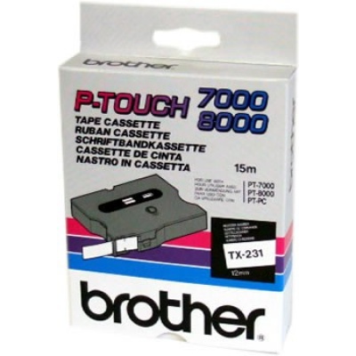 Brother TX-231, 12mm x 15m, fekete nyomtatás / fehér alapon, eredeti szalag