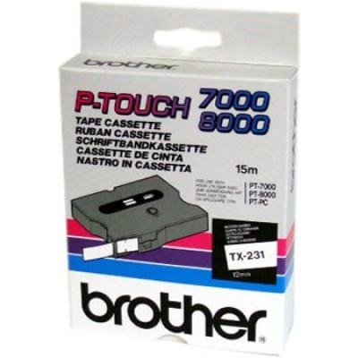Brother TX-231, 12mm x 15m, fekete nyomtatás / fehér alapon, eredeti szalag