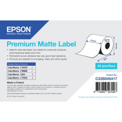 Epson C33S045417 Premium Matte, a ColorWorks esetében, 51mmx35m, fehér öntapadó címkék