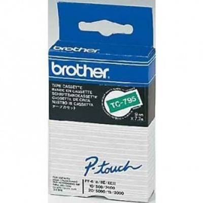 Brother TC-795, 9mm x 7,7m, fehér nyomtatás/zöld alapon, eredeti szalag