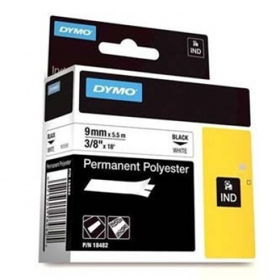 Dymo Rhino 18482, 9mm x 5.5m, fekete nyomtatás / fehér alapon, eredeti szalag