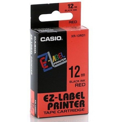 Casio XR-18RD1, 18mm x 8m, fekete nyomtatás / piros alapon, eredeti szalag