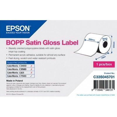 Epson C33S045701 BOPP Satin Gloss, a ColorWorks esetében, 220mmx750m, polipropilén, fehér öntapadó címkék