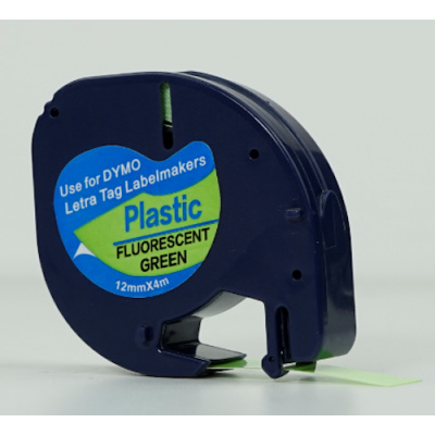 Dymo 91212 LetraTag 12mm x 4m, fekete nyomtatás / fluoreszkáló zöld alapon, utángyártott szalag